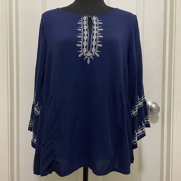 Liz Claiborne Blouse Keyhole Neck 3/4 Sleeve Shirt Blue Large Boho Embroidered - Picture 1 of 10